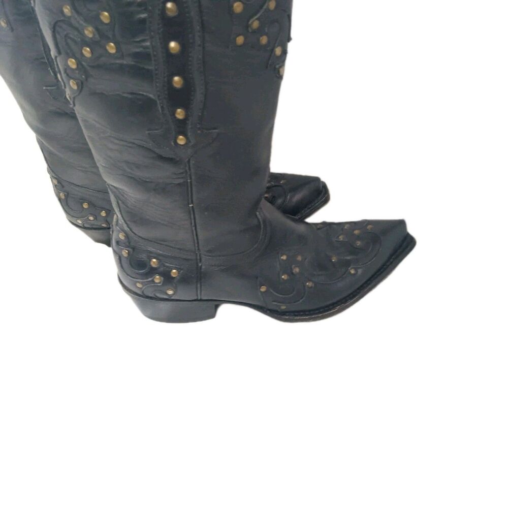 Black Leather Snip Toe Boots Women's Size 7 Studs Accent - Picture 5 of 10